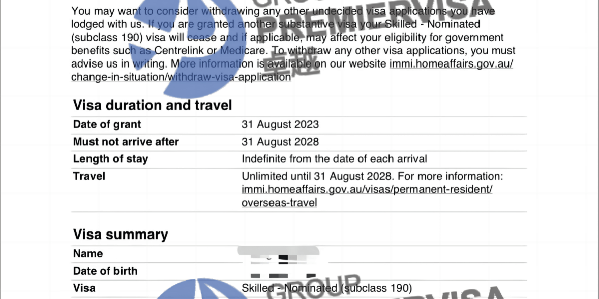 Onshore客户190签证顺利下签 2023.08.31